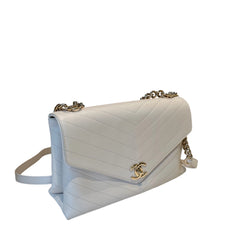 Chanel White Chevron V-Stitch Calfskin Envelope Flap Bag - Gold Hardware