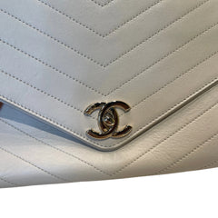 Chanel White Chevron V-Stitch Calfskin Envelope Flap Bag - Gold Hardware
