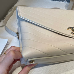 Chanel White Chevron V-Stitch Calfskin Envelope Flap Bag - Gold Hardware