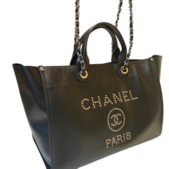 Chanel Black Grained Calfskin Studded Deauville Tote - Large Shopping Bag