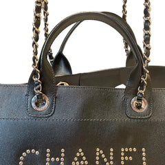 Chanel Black Grained Calfskin Studded Deauville Tote - Large Shopping Bag