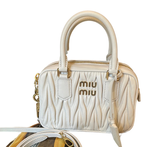 Miu Miu Matelassé Nappa Leather Top Handle Bag - White (Mini Bowling 20cm)
