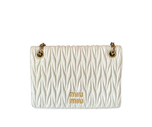 Miu Miu Matelassé Nappa Leather Chain Bag - White & Gold (19cm Mini)
