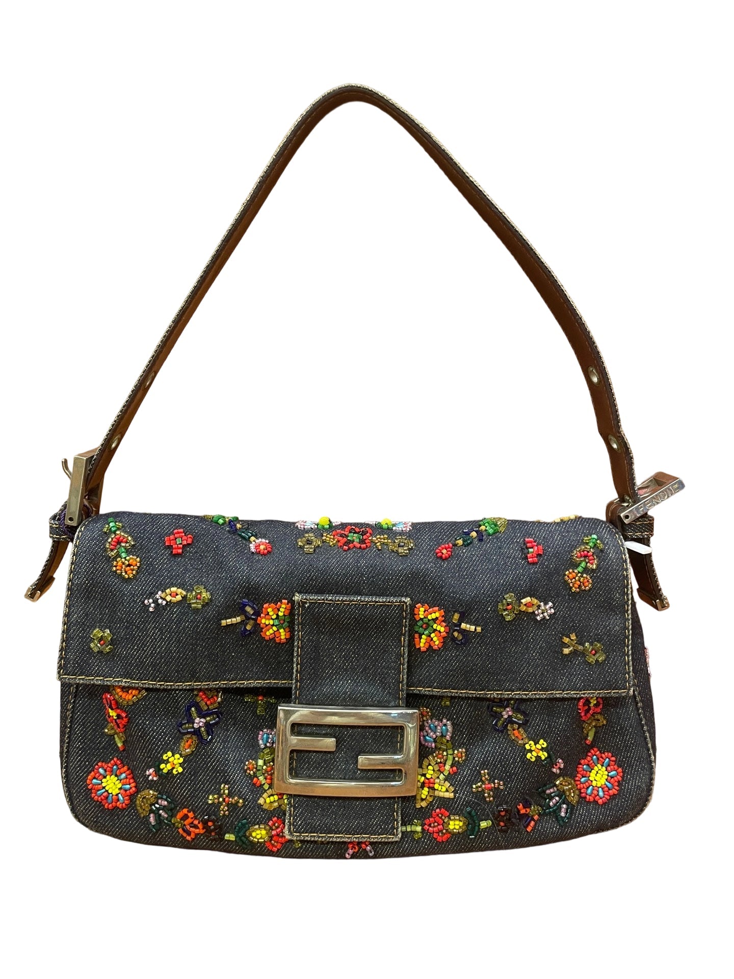 Fendi Limited Edition Baguette bag in dark blue denim with intricate colorful floral beadwork and silver-tone FF buckle