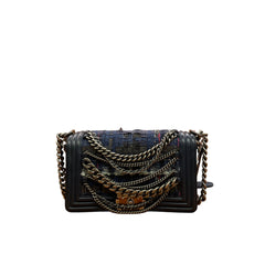 Chanel Navy Blue Tweed Multi-Strand Chain Le Boy Flap Bag - Limited Edition