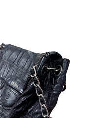 Vintage Prada Gauffre Nappa Leather Chain Flap Bag - Black Ruched Shoulder Bag