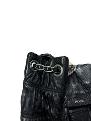 Vintage Prada Gauffre Nappa Leather Chain Flap Bag - Black Ruched Shoulder Bag