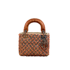 Rare Mini Lady Dior Bag - Coral Satin with Full Beading & Alligator Handles