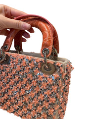 Rare Mini Lady Dior Bag - Coral Satin with Full Beading & Alligator Handles