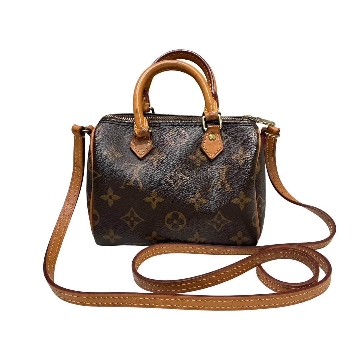 Louis Vuitton Nano Speedy Monogram canvas mini bag with leather shoulder strap, front view, size 15cm