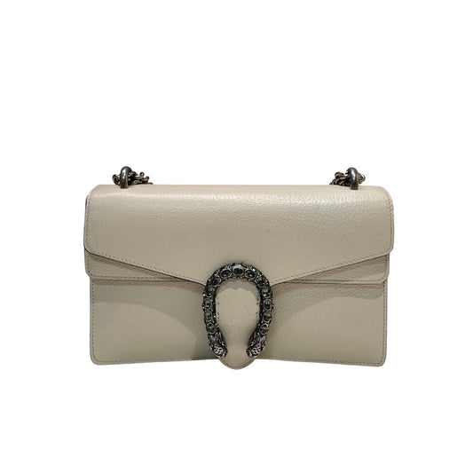 Gucci Dionysus Medium Shoulder Bag White Leather with Silver Tiger Head Spur Closure Front View