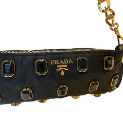 Prada Black Jeweled Baguette Bag with Gold Geometric Chain (32cm)