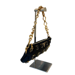 Prada Black Jeweled Baguette Bag with Gold Geometric Chain (32cm)