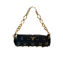 Prada Black Jeweled Baguette Bag with Gold Geometric Chain (32cm)
