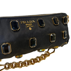 Prada Black Jeweled Baguette Bag with Gold Geometric Chain (32cm)