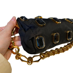 Prada Black Jeweled Baguette Bag with Gold Geometric Chain (32cm)