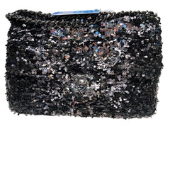 Chanel Mini Flap Bag - Black Floral Sequin & Tweed with Silver Hardware (20cm)