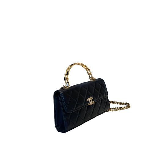 Chanel 22B Black Lambskin Enamel Top Handle Mini Flap Bag - Horizontal Kelly Style
