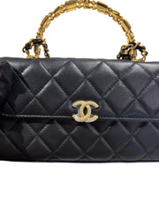 Chanel 22B Black Lambskin Enamel Top Handle Mini Flap Bag - Horizontal Kelly Style