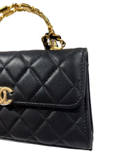 Chanel 22B Black Lambskin Enamel Top Handle Mini Flap Bag - Horizontal Kelly Style