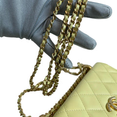 Chanel 24C Phone Holder with Chain | Yellow Calfskin | Double Gold Bead Adjustable Strap | Excellent Condition