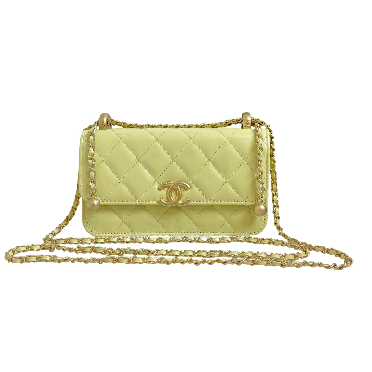 Chanel 24C Phone Holder with Chain | Yellow Calfskin | Double Gold Bead Adjustable Strap | Excellent Condition