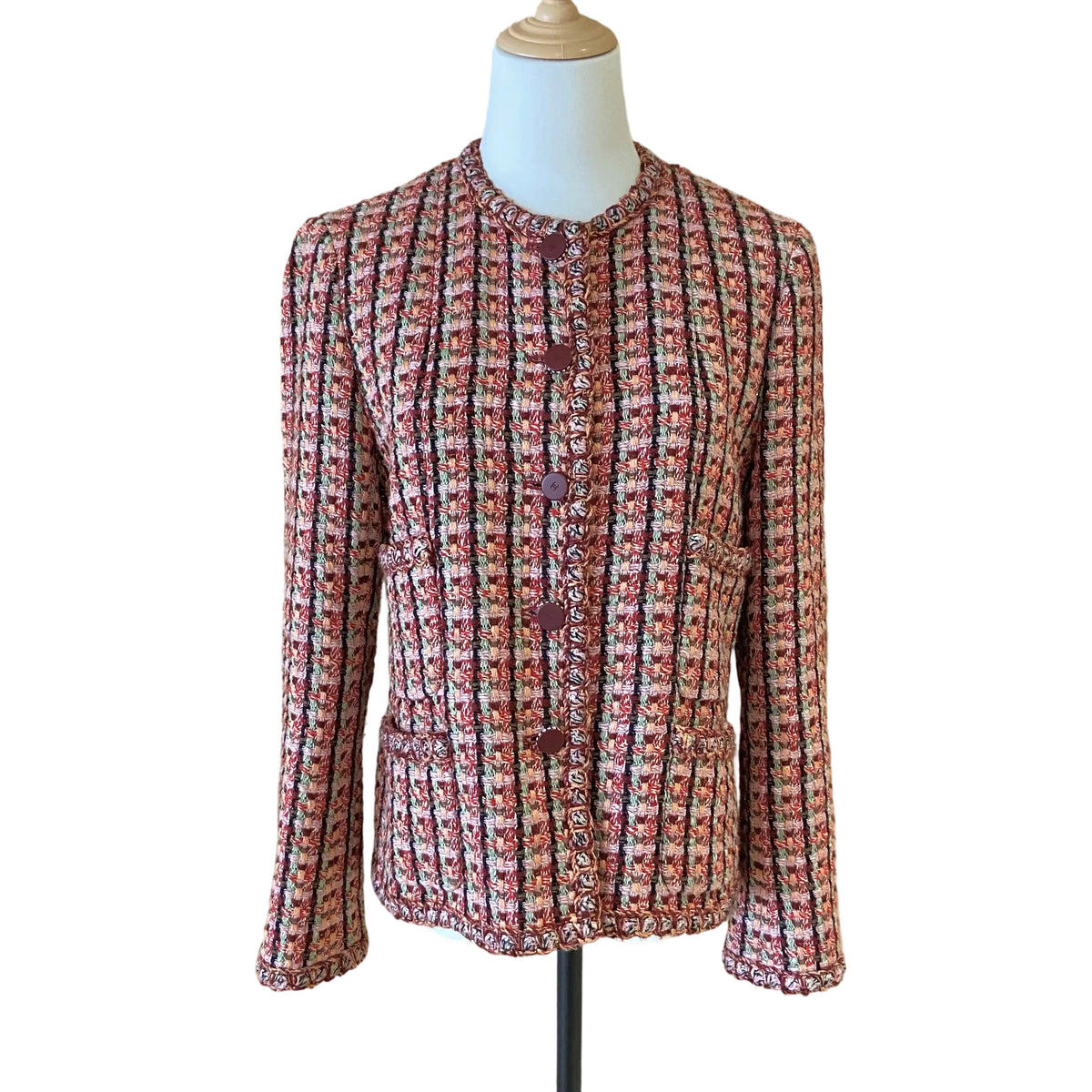 Chanel Red Multi-Color Tweed Jacket | Size FR 40 (US 8) | Collarless Button Down | Excellent Condition