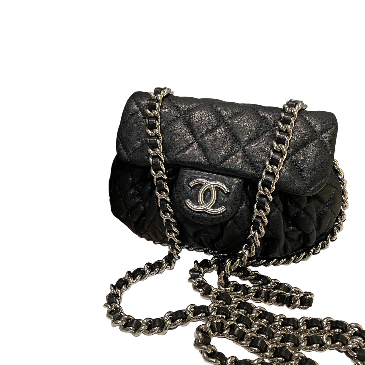 Chanel Black Quilted Lambskin Ruched "Dumpling" Flap Bag - Silver Hardware