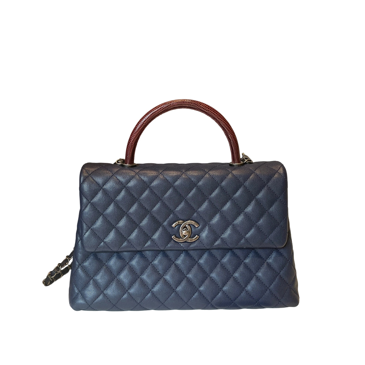 Chanel Coco Handle Large Flap Bag - Navy Blue Caviar Leather with Burgundy Handle