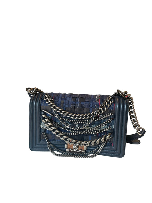 Rare Chanel Le Boy bag in navy blue tweed featuring draped multi-strand chains and ruthenium hardware