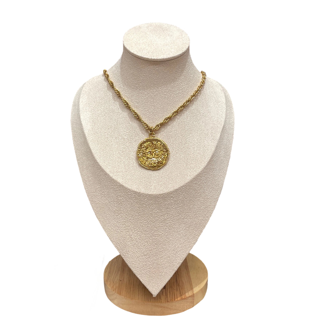 Vintage Chanel Lava Coin Necklace Gold Tone with Molten Texture and CC Logo