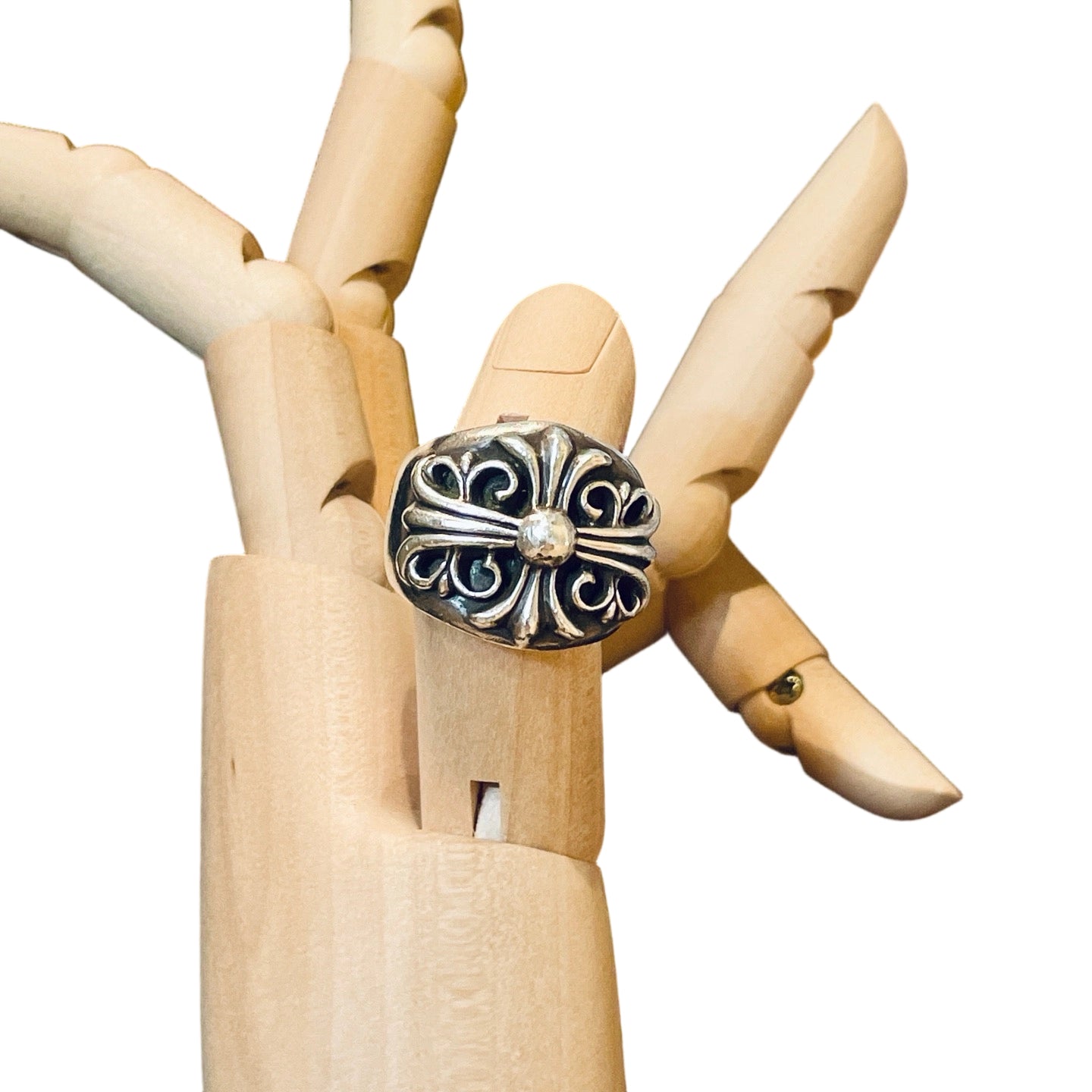 Chrome Hearts Keeper Ring Sterling Silver Floral Cross Motif Front View