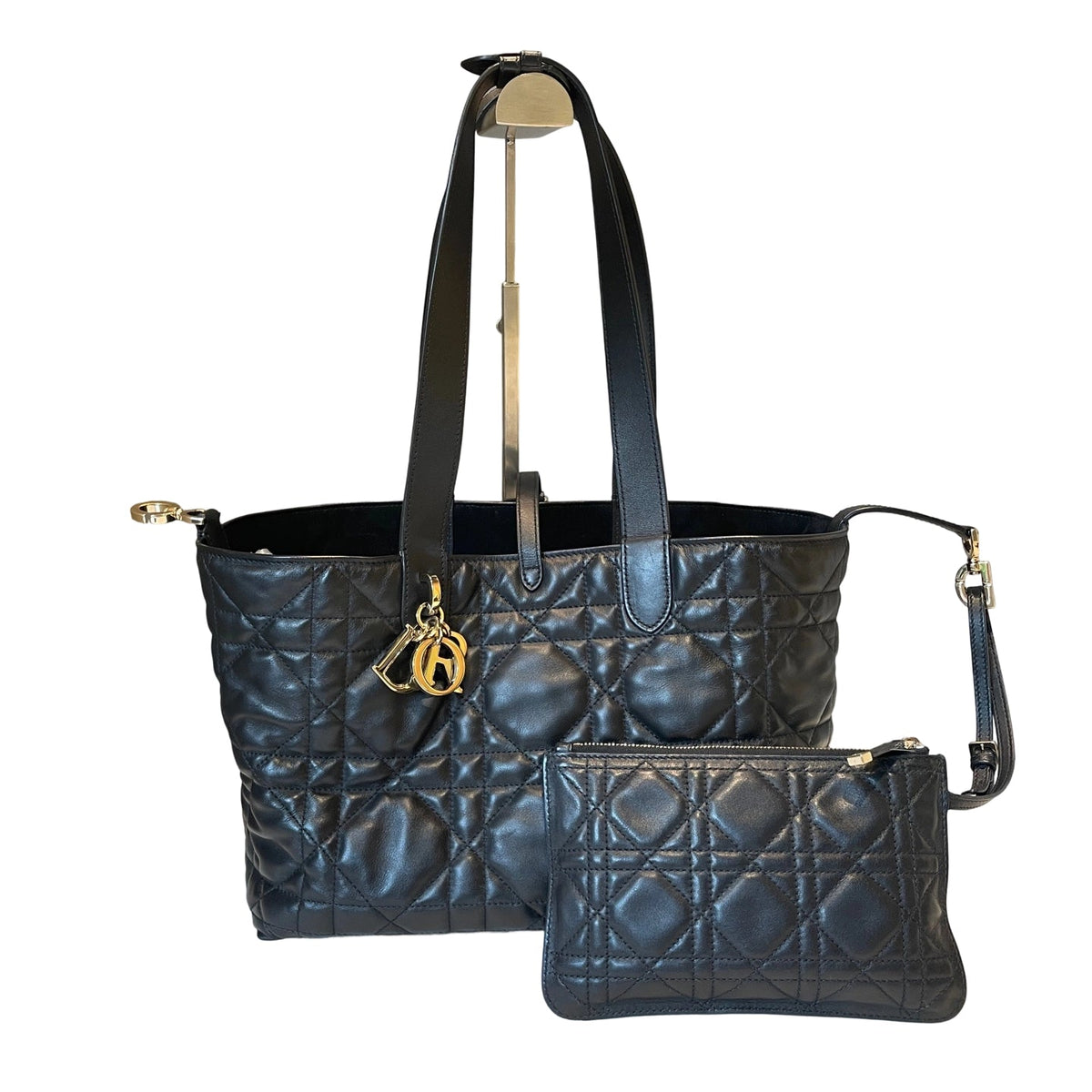 Dior Toujours Medium Bag Black Macrocannage Calfskin with DIOR Gold Charms and Pouch