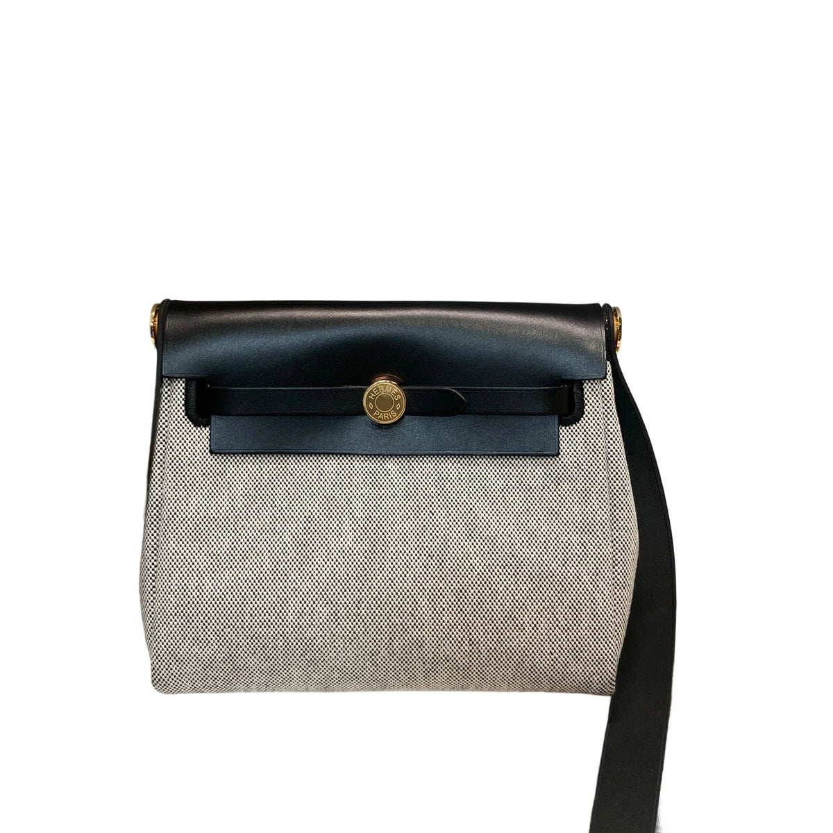 Front view of an authentic Hermès Herbag Messenger Mini in Panda color blocking with black leather flap and slate gray canvas body