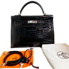 Hermès Kelly 32 Sellier Black Shiny Porosus Crocodile Silver Hardware - Vintage 2003