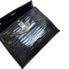 Hermès Kelly 32 Sellier Black Shiny Porosus Crocodile Silver Hardware - Vintage 2003