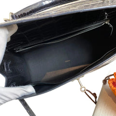 Hermès Kelly 32 Sellier Black Shiny Porosus Crocodile Silver Hardware - Vintage 2003