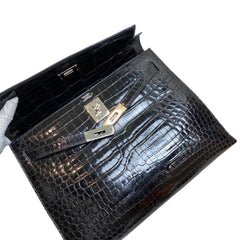 Hermès Kelly 32 Sellier Black Shiny Porosus Crocodile Silver Hardware - Vintage 2003