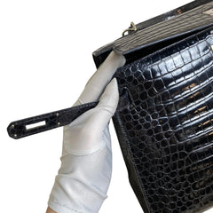 Hermès Kelly 32 Sellier Black Shiny Porosus Crocodile Silver Hardware - Vintage 2003