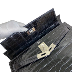 Hermès Kelly 32 Sellier Black Shiny Porosus Crocodile Silver Hardware - Vintage 2003