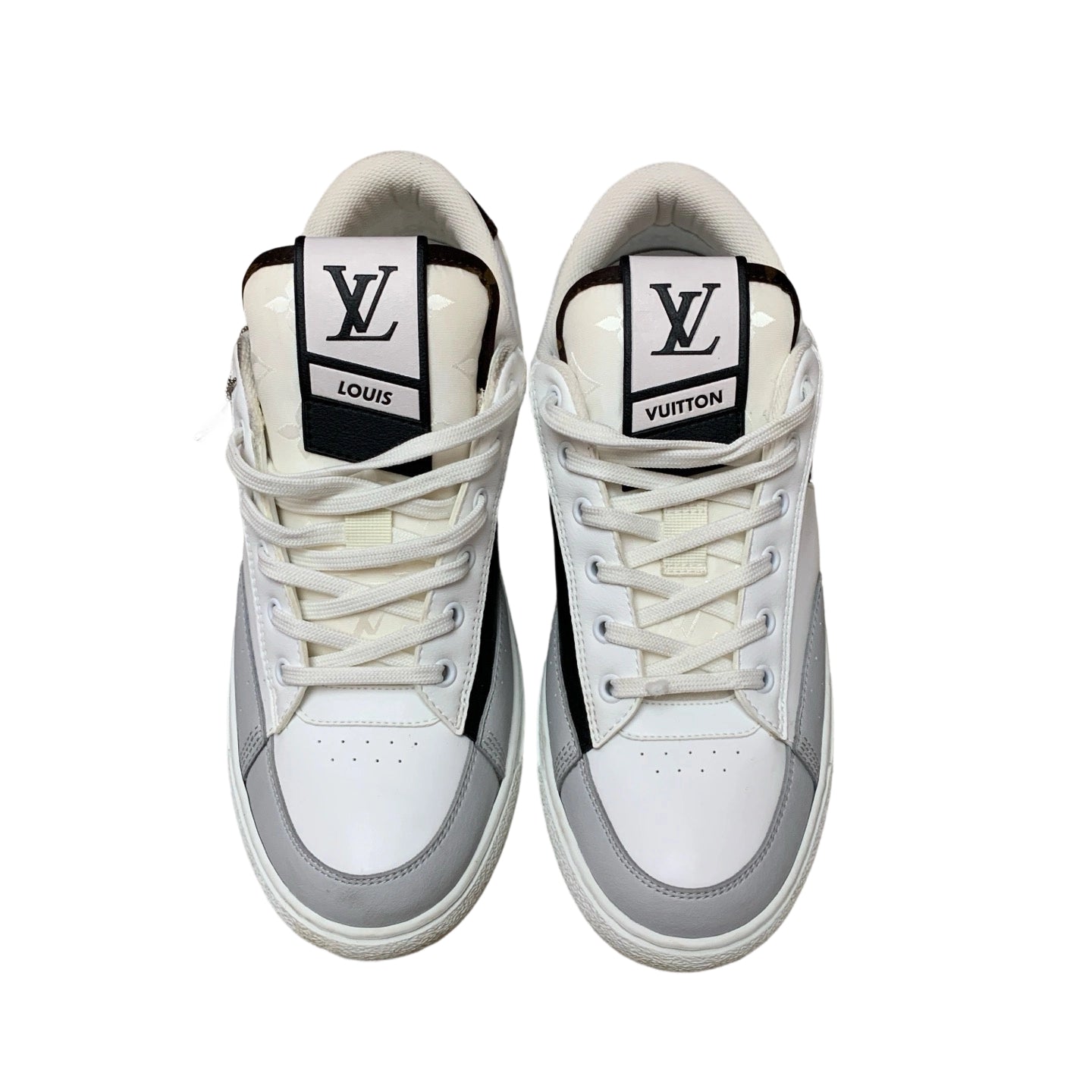 Louis Vuitton Charlie Low Top Sneakers White Grey Black with Large Tongue Logo Top View