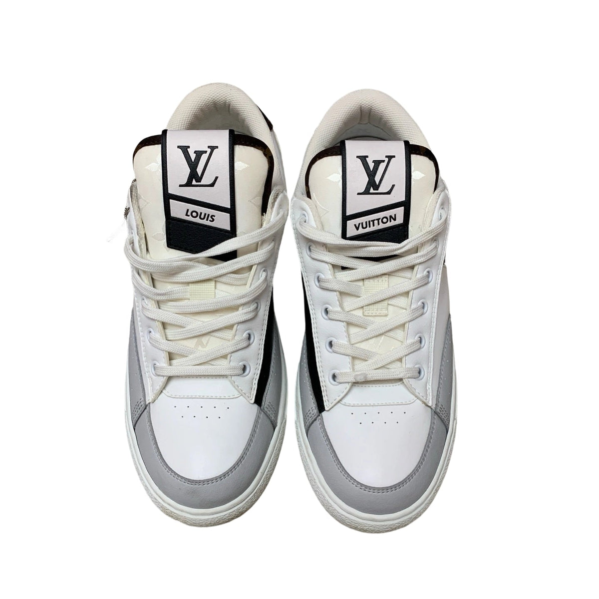 Louis Vuitton Charlie Low Top Sneakers White Grey Black with Large Tongue Logo Top View
