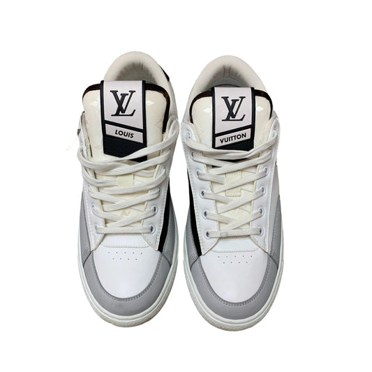 Louis Vuitton Charlie Low Top Sneakers White Grey Black with Large Tongue Logo Top View