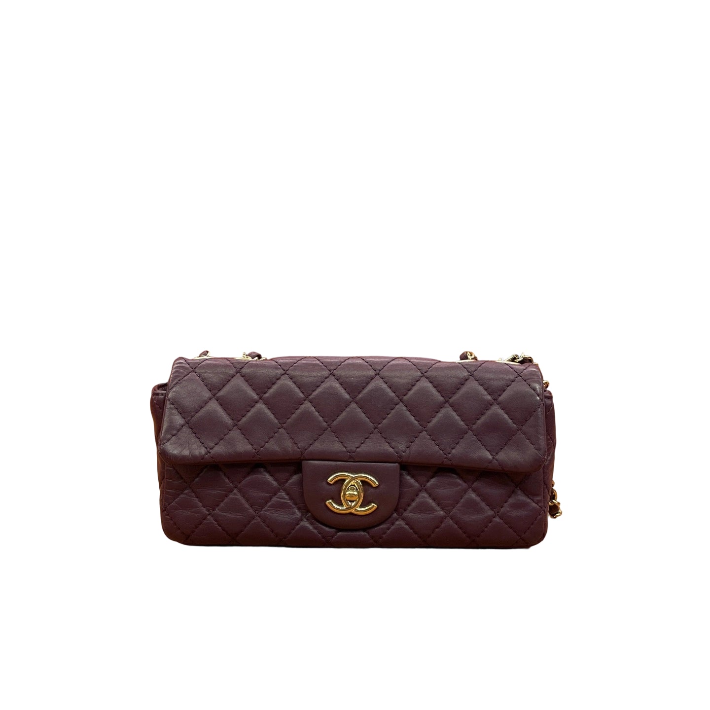 Chanel East West Flap Baguette Bag in Deep Purple Plum Lambskin with Gold Hardware