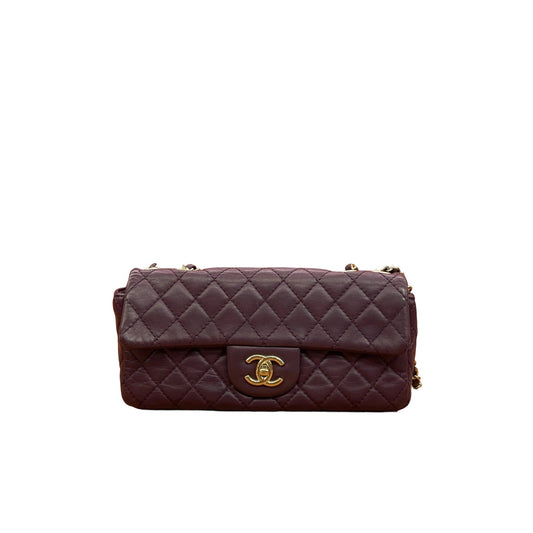 Chanel East West Flap Baguette Bag in Deep Purple Plum Lambskin with Gold Hardware