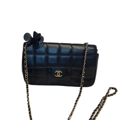 Vintage Chanel Camellia Flap Bag - Chocolate Bar Quilt Black Lambskin (18cm)