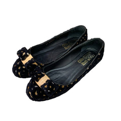 Salvatore Ferragamo Varina Flats - Black Suede with Gold Pattern (Size US 5.5 / EU 36)