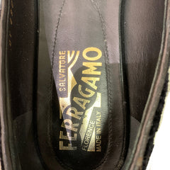 Salvatore Ferragamo Varina Flats - Black Suede with Gold Pattern (Size US 5.5 / EU 36)