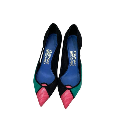 Salvatore Ferragamo Colorblock Suede Pumps Black Pink Green Top View