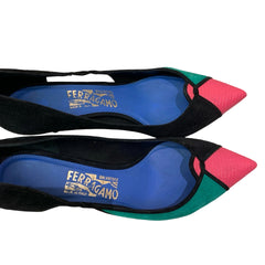 Salvatore Ferragamo Colorblock Suede Pumps - Pink Lizard Toe & Green (Size US 8.5 / EU 39)